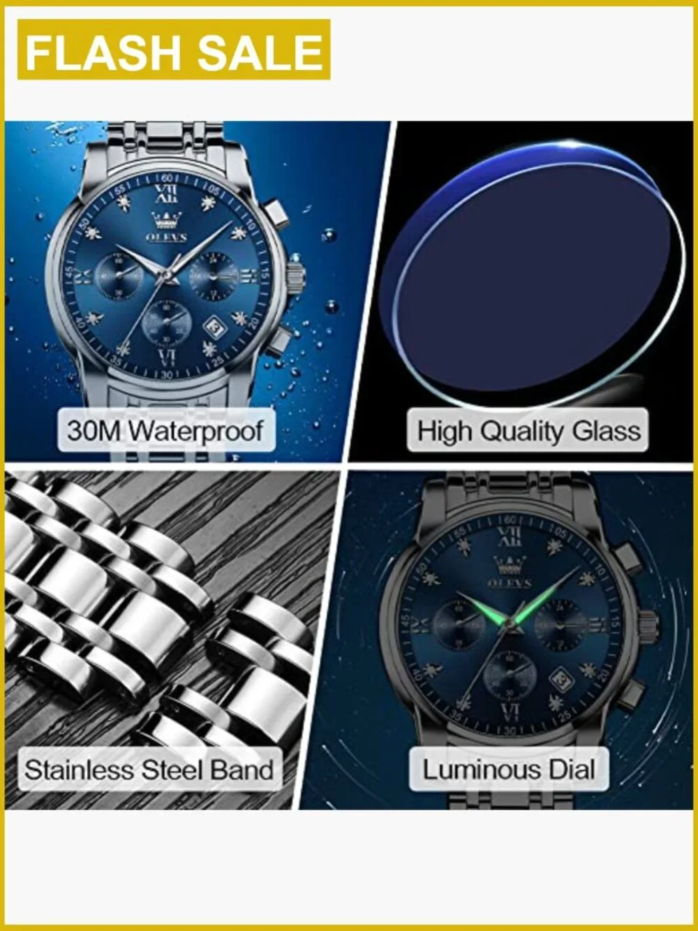 Men's Chronograph Watch Stainless Steel Quartz Waterproof Dress